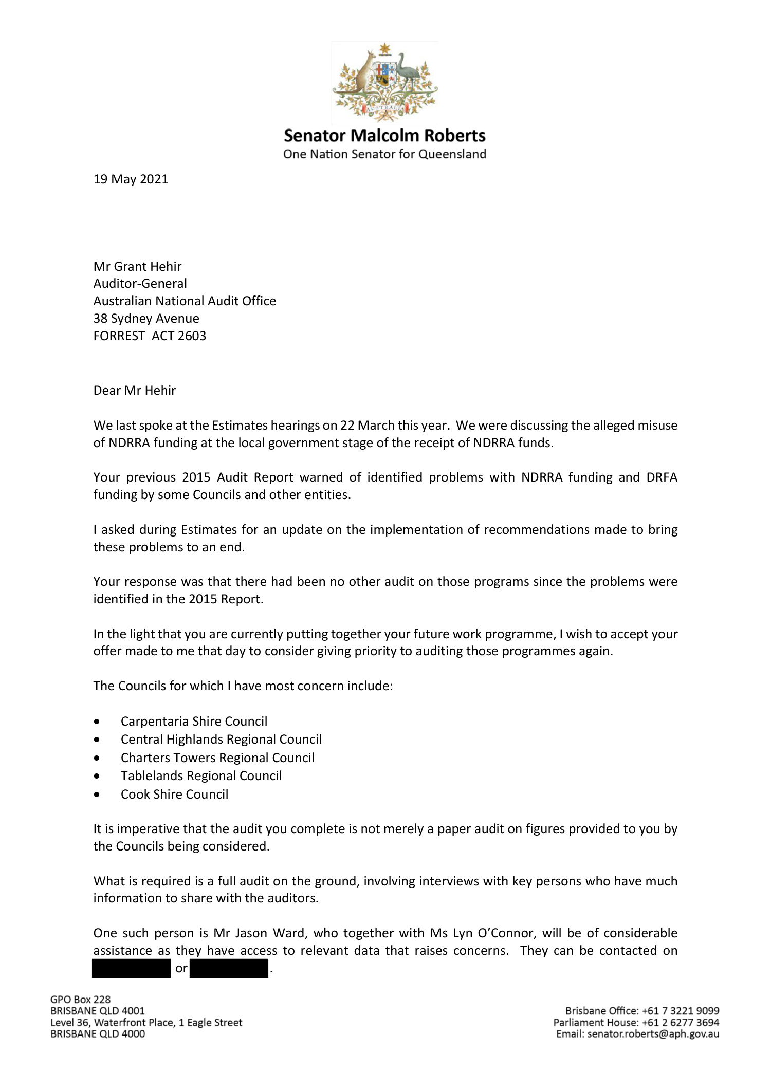 Page 1 of the correspondence from Senator Malcolm Roberts. You can find a transcript of the correspondence on this page