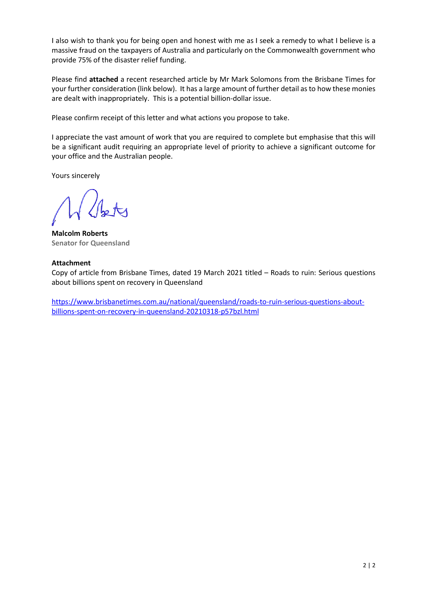 Page 2 of the correspondence from Senator Malcolm Roberts. You can find a transcript of the correspondence on this page