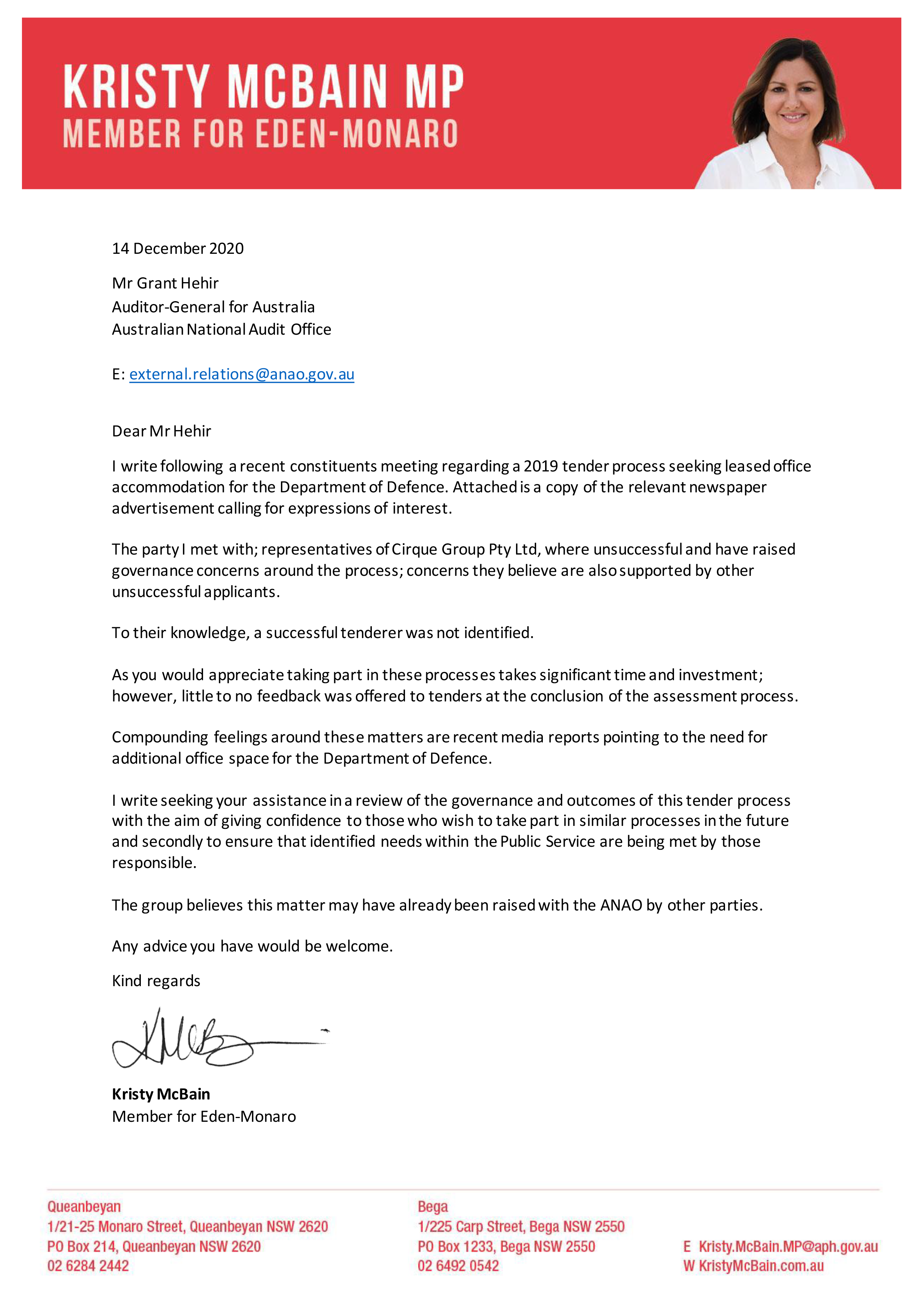 Correspondence from Ms Kristy McBain MP. A transcript of this correspondence is contained on this page. 