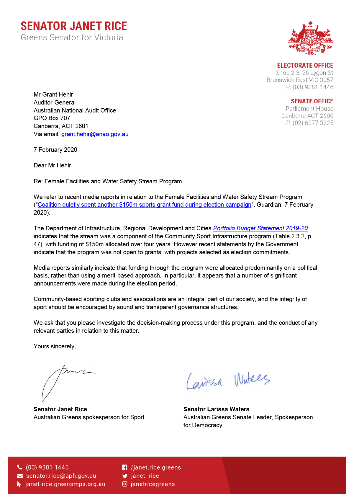 Request for audit from Senator Janet Rice