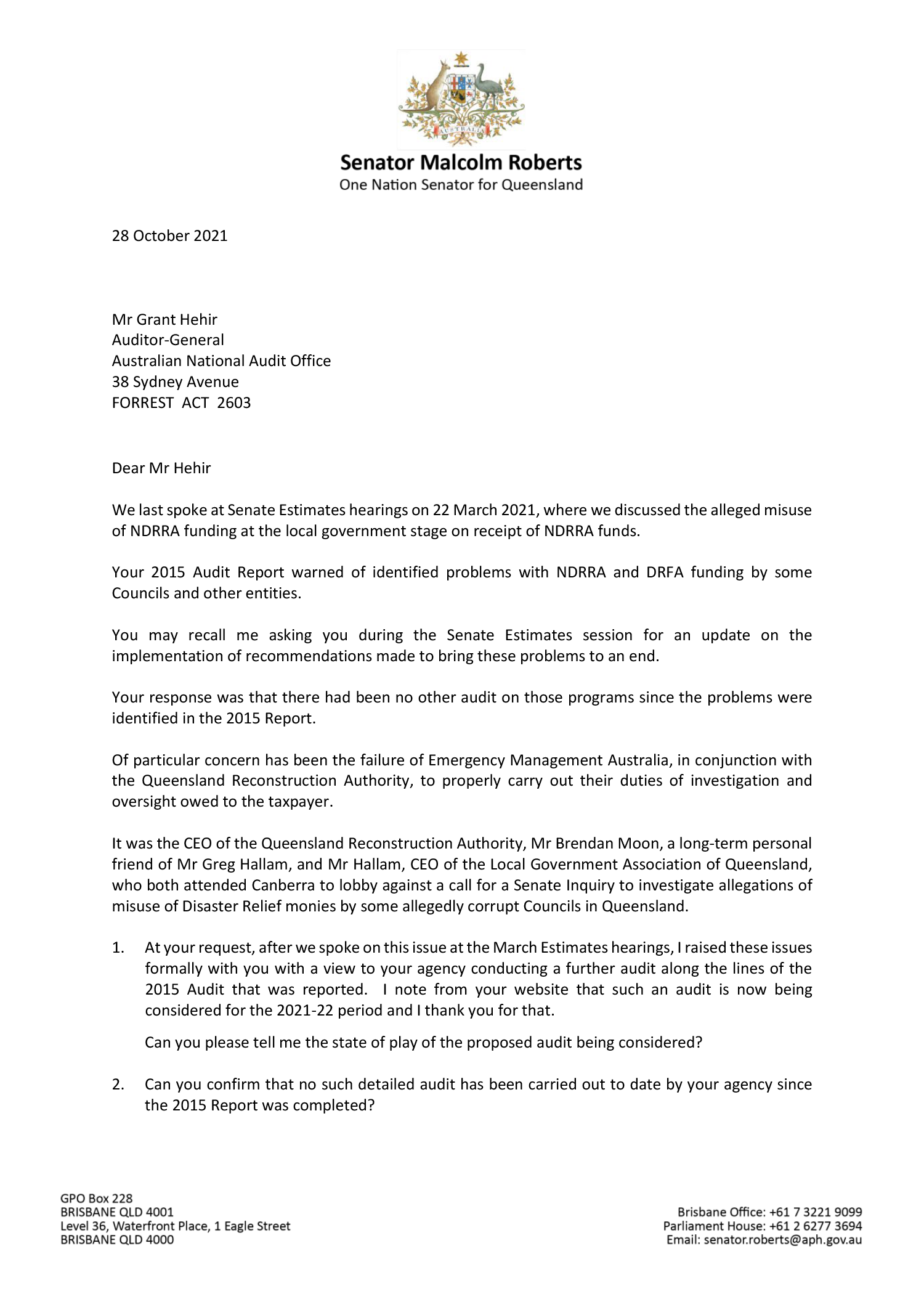 Page one of correspondence from Senator Malcolm Roberts. You can find a transcript of the correspondence on this page. 