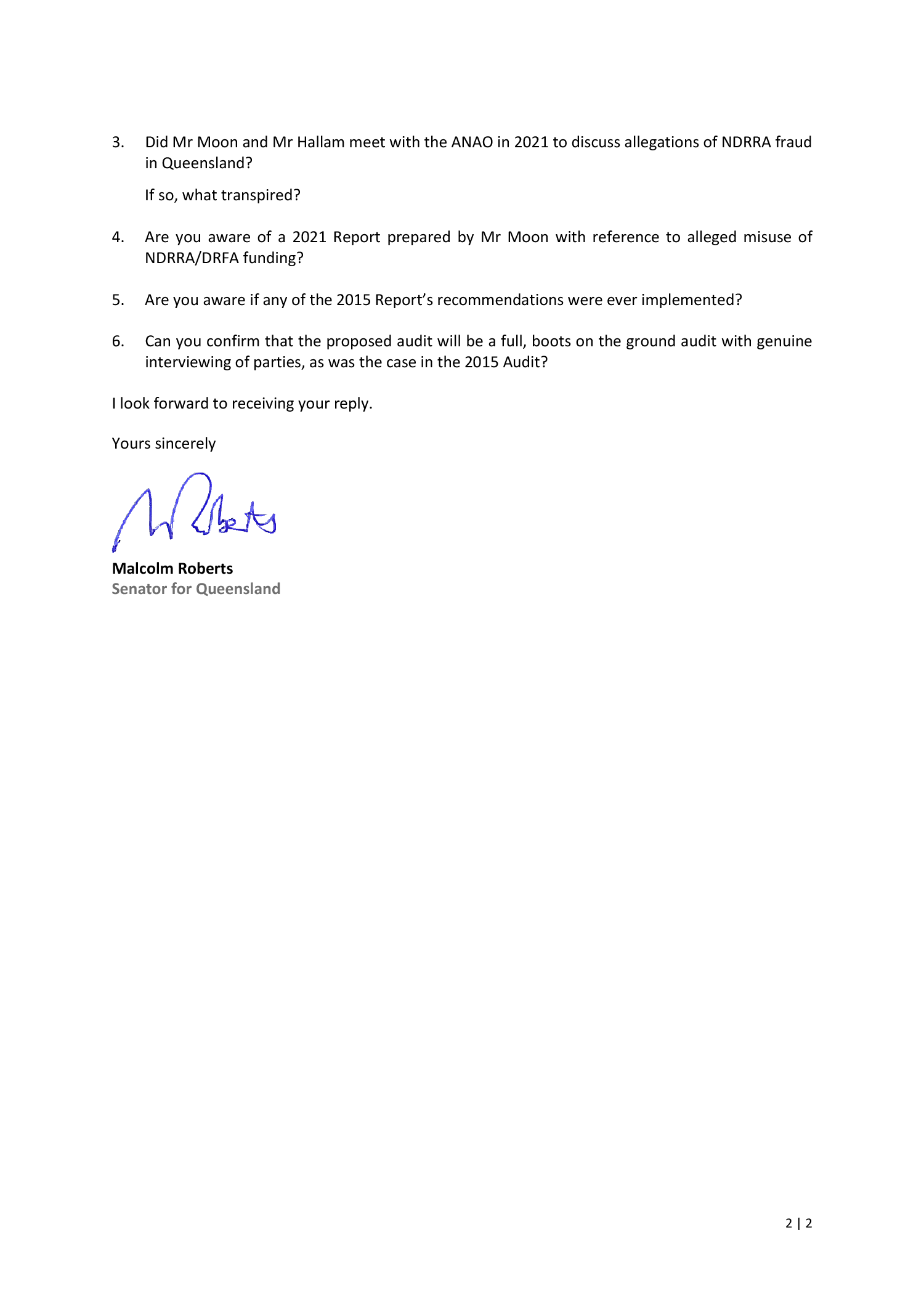 Page two of correspondence from Senator Malcolm Roberts. You can find a transcript of the correspondence on this page. 