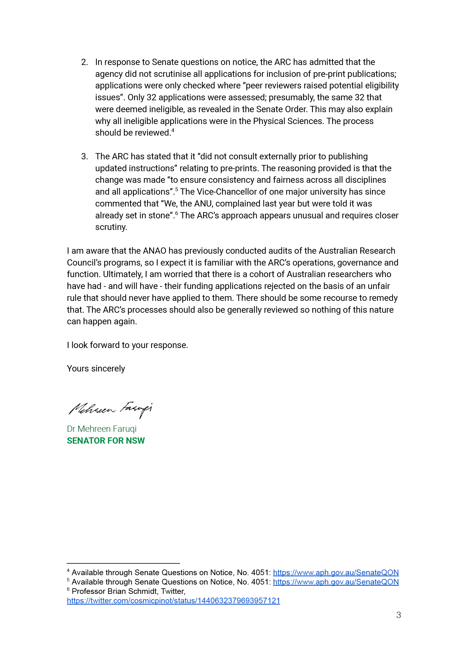 The third page of the correspondence from Senator Mehreen Faruqi. You can find a transcript of the correspondence on this page of the website. 