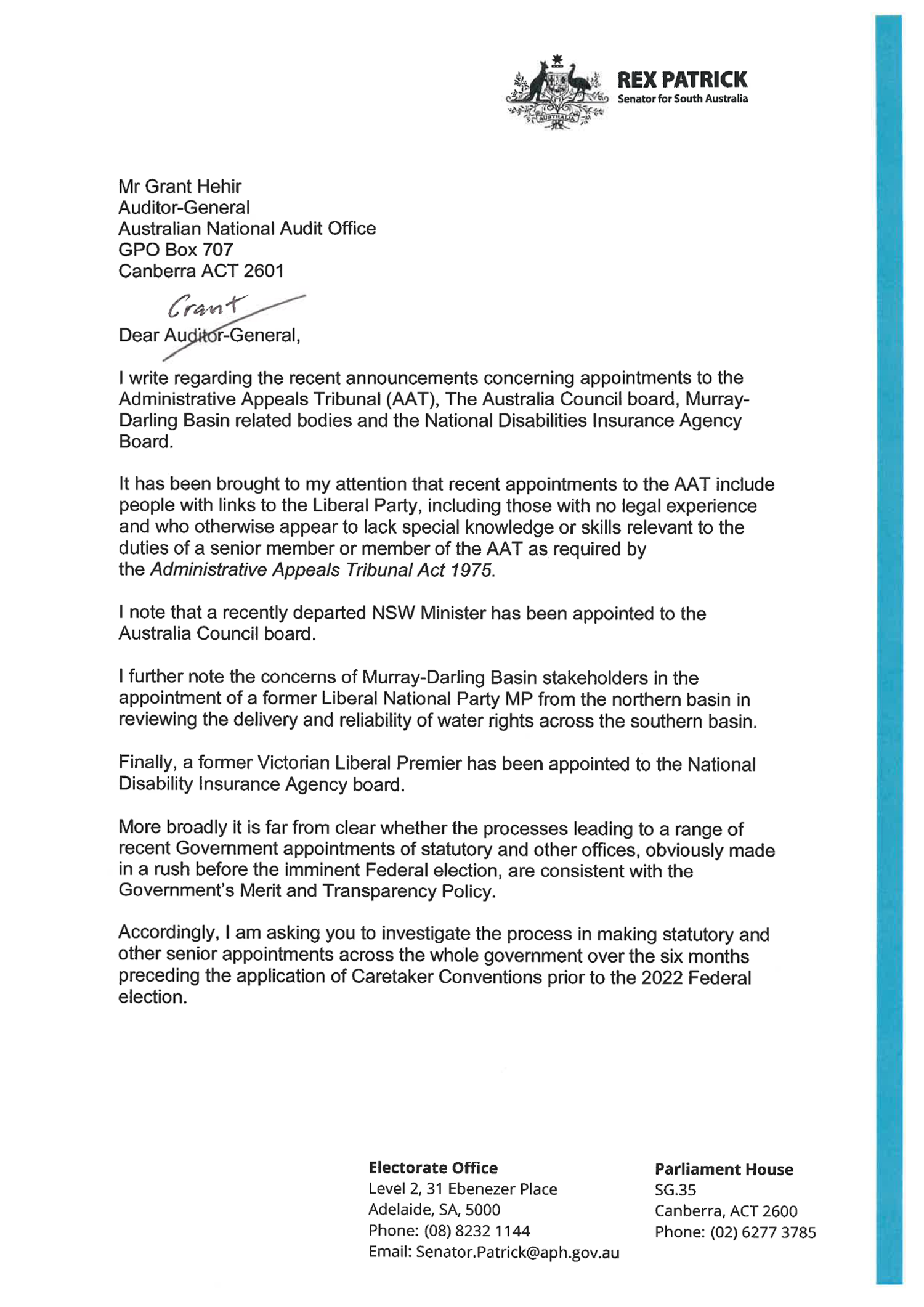 Page 1 of the correspondence from Senator Rex Patrick. You can find a copy of the transcript on this page. 