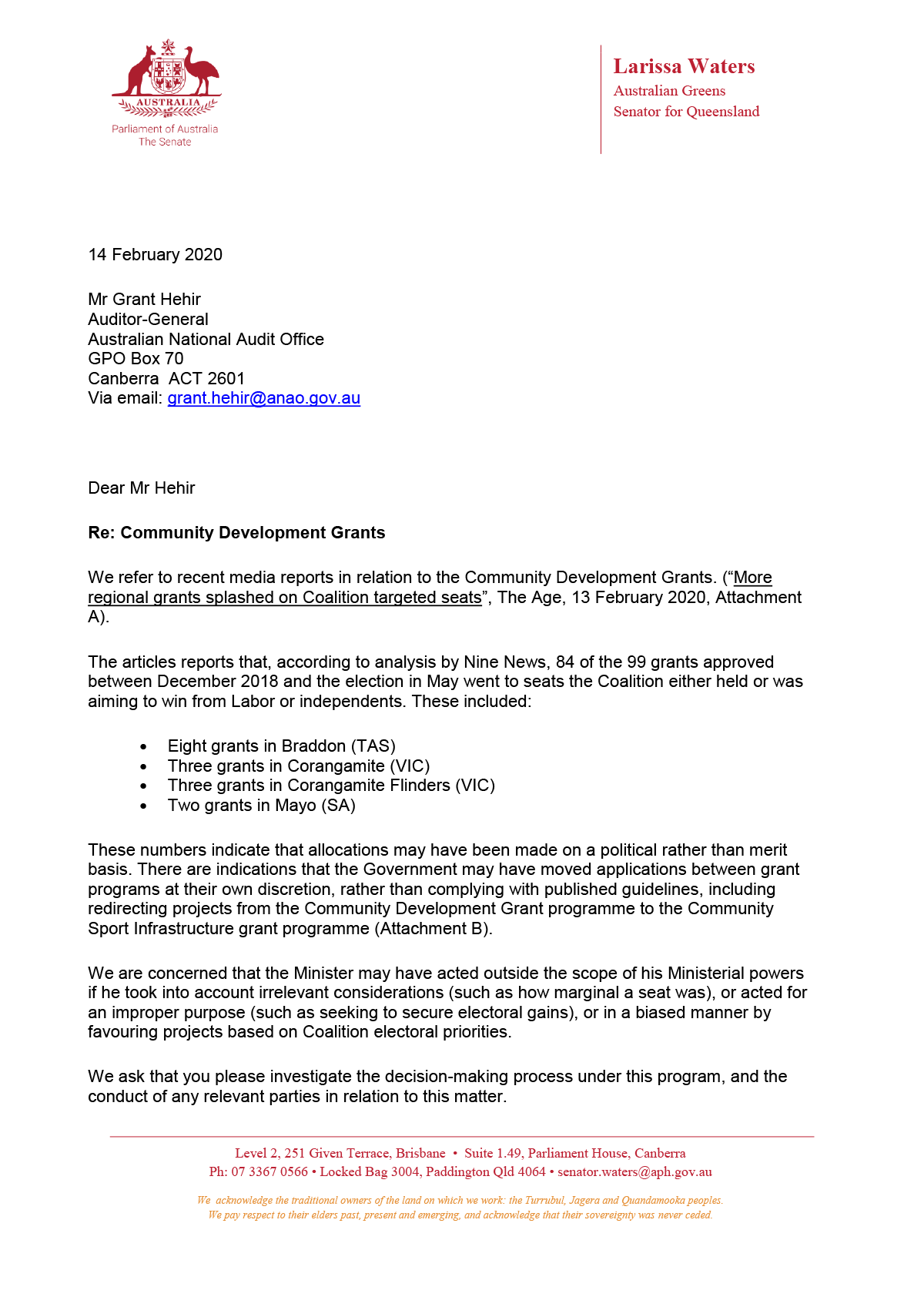 Page 1 of the correspondence from senators Larissa Waters and Janet Rice sent on 14 February 2020