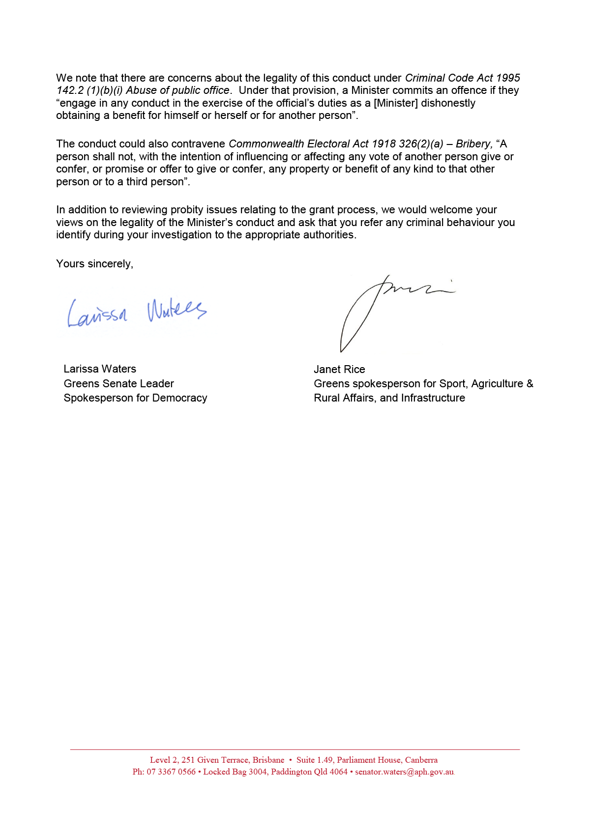 Page 2 of the correspondence from senators Larissa Waters and Janet Rice sent on 14 February 2020