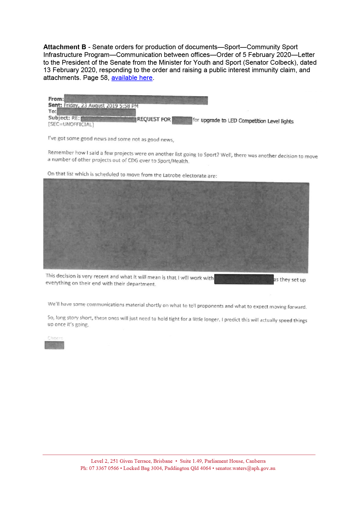 Page 4 of the correspondence from senators Larissa Waters and Janet Rice sent on 14 February 2020