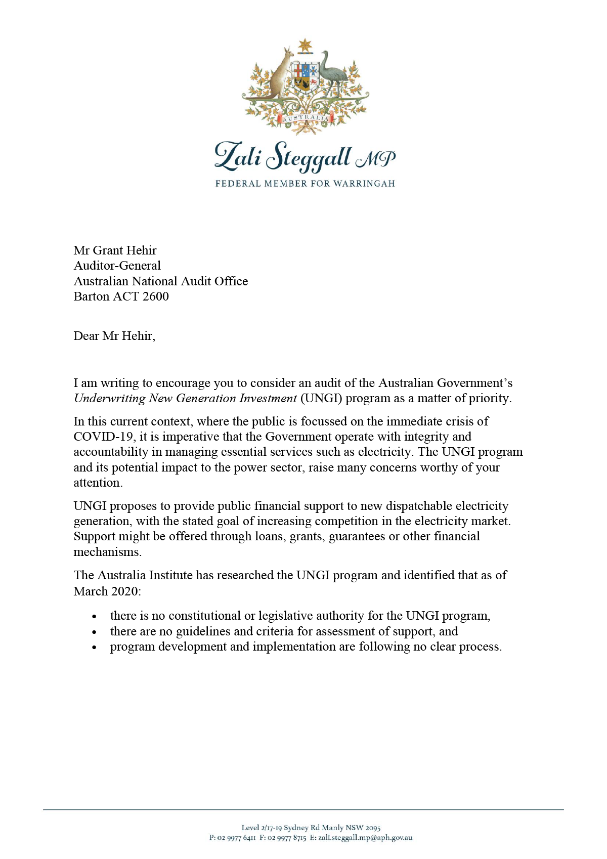 Page 1 of correspondence from Ms Zali Steggall OAM, MP about the Australian Government’s Underwriting New Generation Investment  program