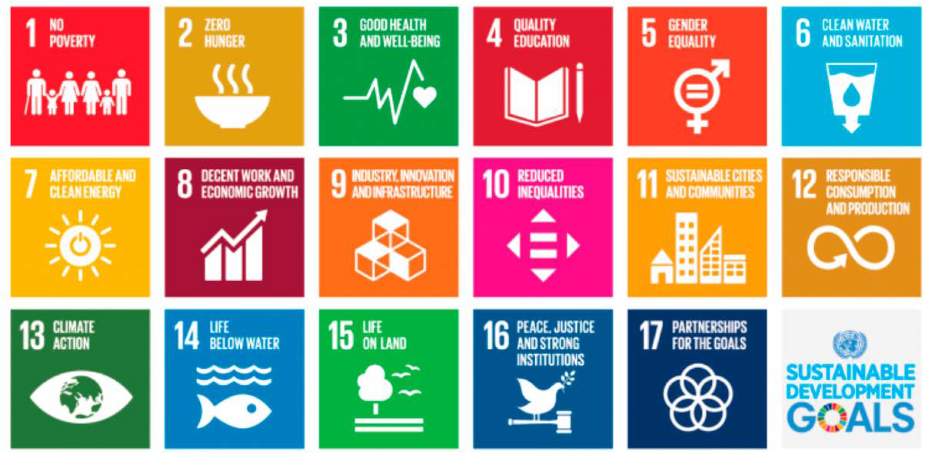 A list of the 17 United Nations sustainable development goals, which are: No poverty; zero hunger; good health and well-being; quality education; gender equality; clean water and sanitation; affordable and clean energy; decent work and economic growth; industry, innovation and infrastructure; reduced inequalities; sustainable cities and communities; responsible consumption and production; climate action; life below water; life on land; peace, justice and strong institutions; and parterships for the goals. 